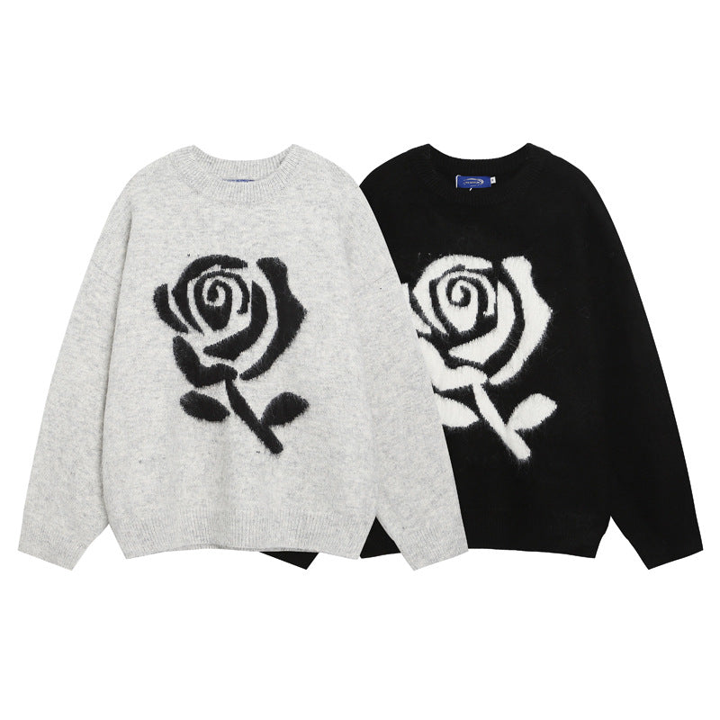 Big Size Elegant Rose Jacquard Knitwear for Men and Women, Loose Lazy Style Soft Gray Sweater