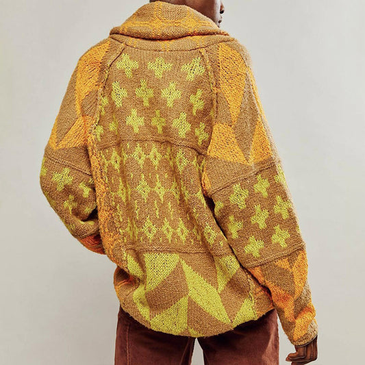 Style Y2K Abstract Print Turn-Down Collar Loose Long Sleeve Knit Sweater for Women