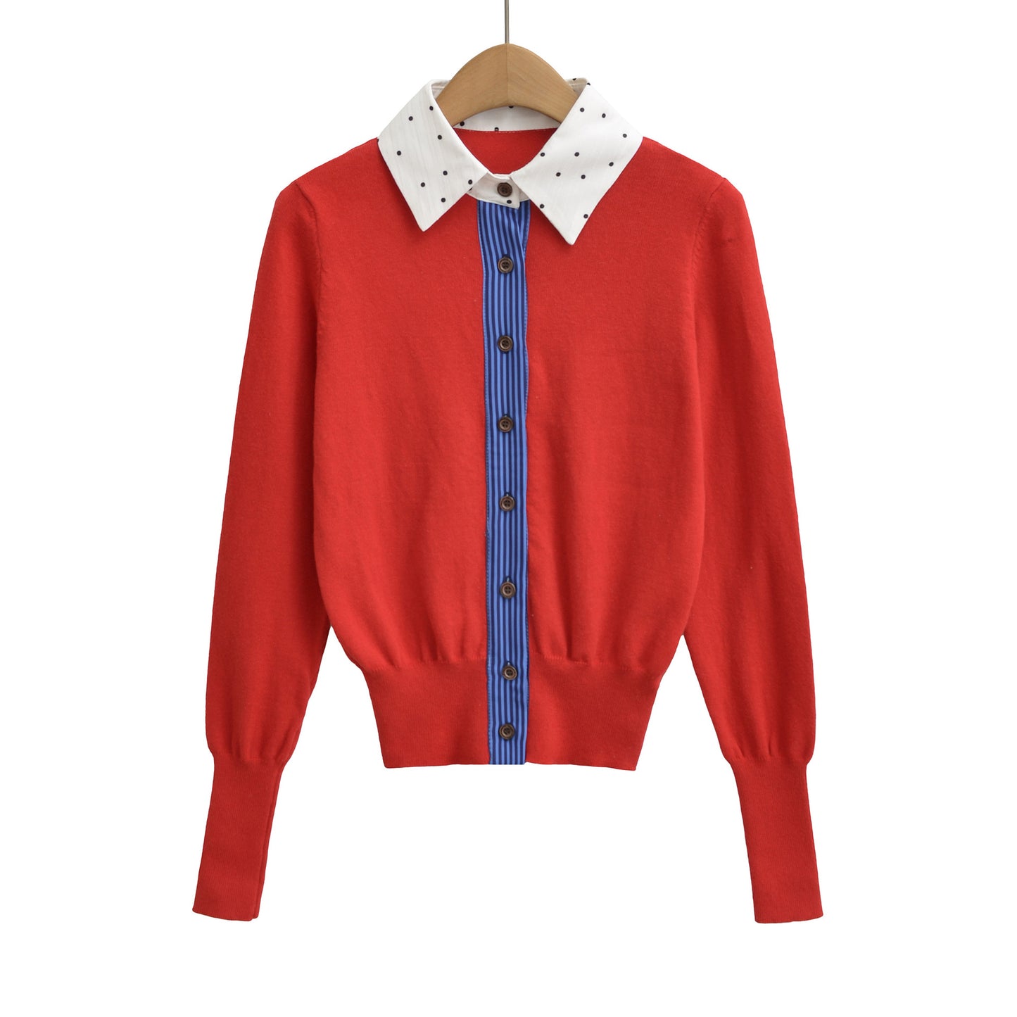 Retro slimming cardigan top fake two-piece patchwork embroidered knit sweater