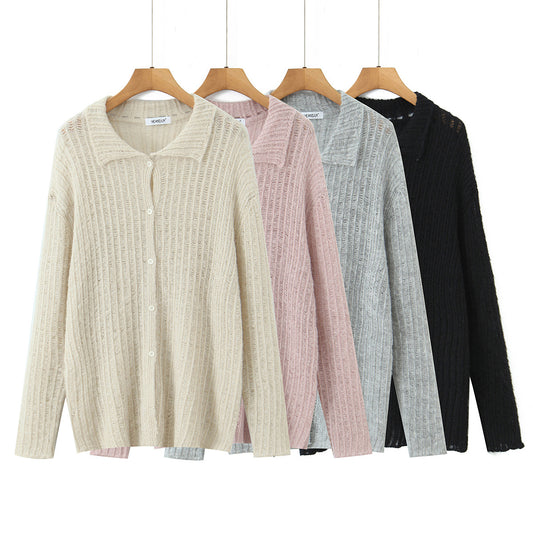 Casual hollow out one row button lapel cardigan women's knitted sweater