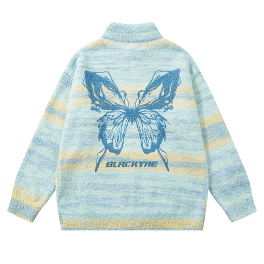Original Trendy Brand Gradient Butterfly Letter Jacquard Knit Sweater Coat for Men and Women,Lazy Style Loose Couple Knitwear