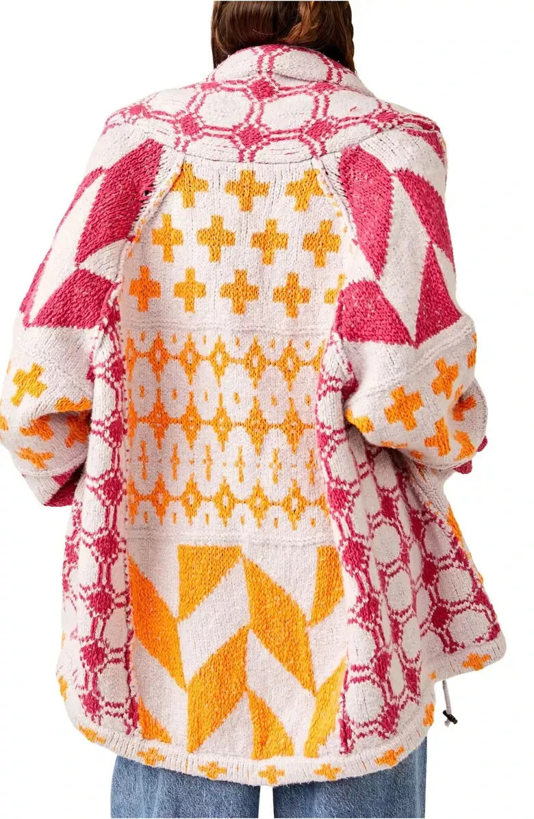 Style Y2K Abstract Print Turn-Down Collar Loose Long Sleeve Knit Sweater for Women