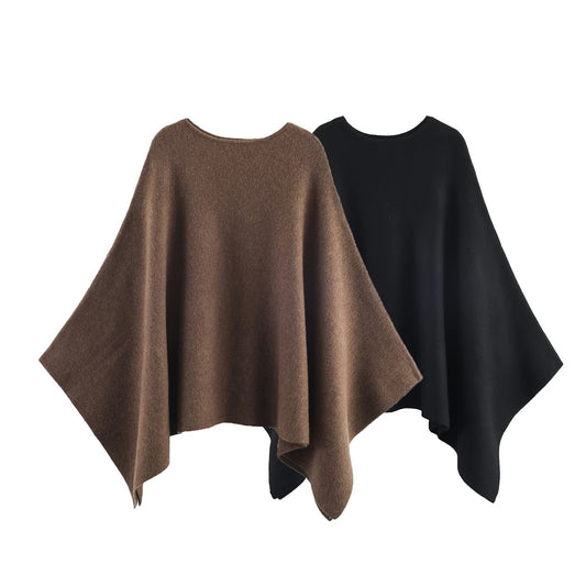 Temperament Round Neck Cloak Long Sleeve Solid Color Knitted Shirt for Women