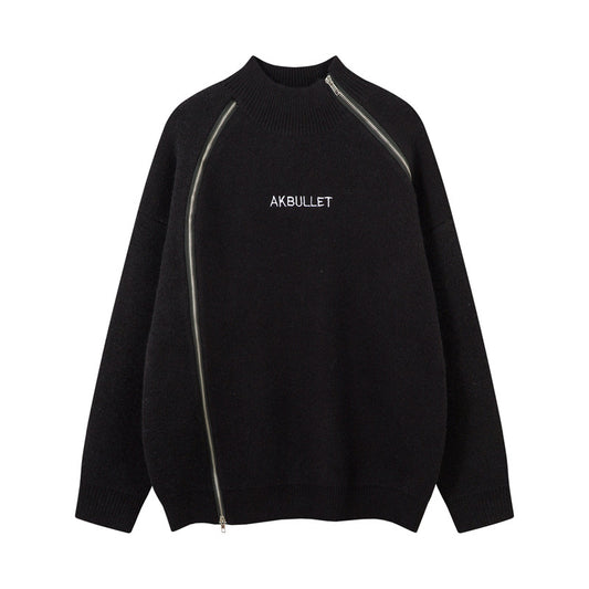 Original High Street Streetwear Cool Dual-Zipper Decorative Design Stand Collar Lazy Style Sweater