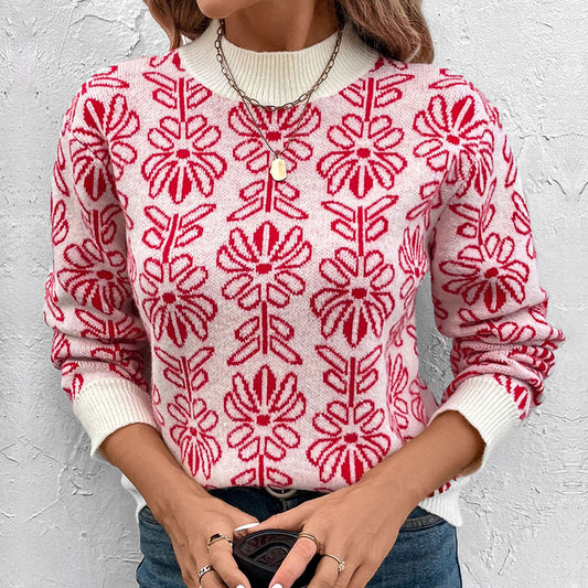 Half high collar flower jacquard knitted sweater with contrasting colors for women