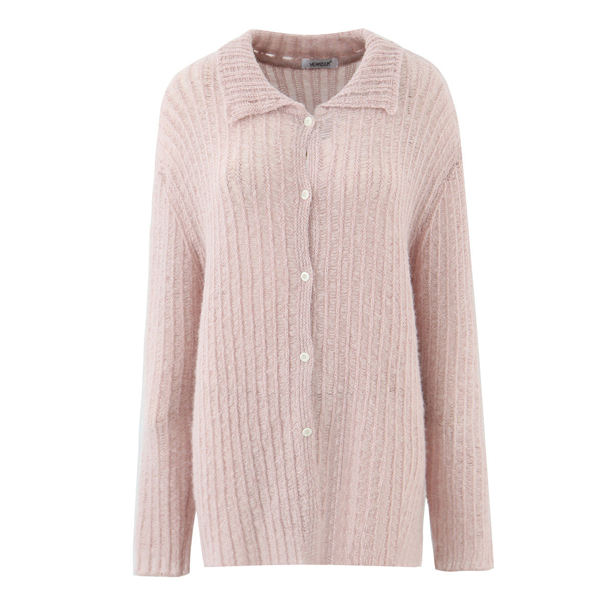 Casual hollow out one row button lapel cardigan women's knitted sweater