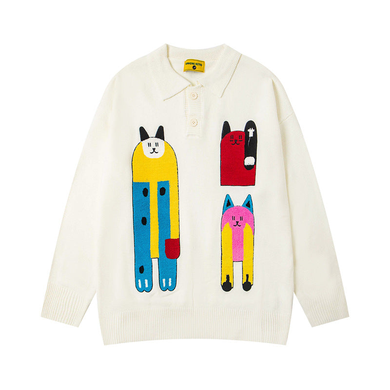 Colorful Cartoon Embroidery Polo Neck Sweater Unisex High Street Lazy Style Loose Couple Knitwear