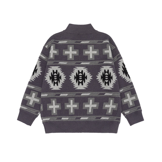 Fair Isle Knit Cardigan with Color-block Jacquard Pattern Loose Fit Zipper Closure Long Sleeve