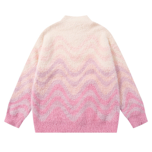 Wave Pattern Color-Blocked Soft Knit Stand Collar Sweater Vintage Gradient Knit Top