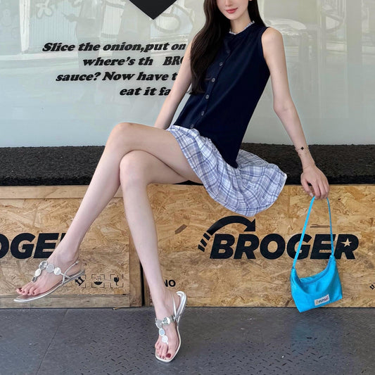 Color-blocked Knit Dress for Women, Plaid Hem, Ruffle Collar Sleeveless Midi Length Dress