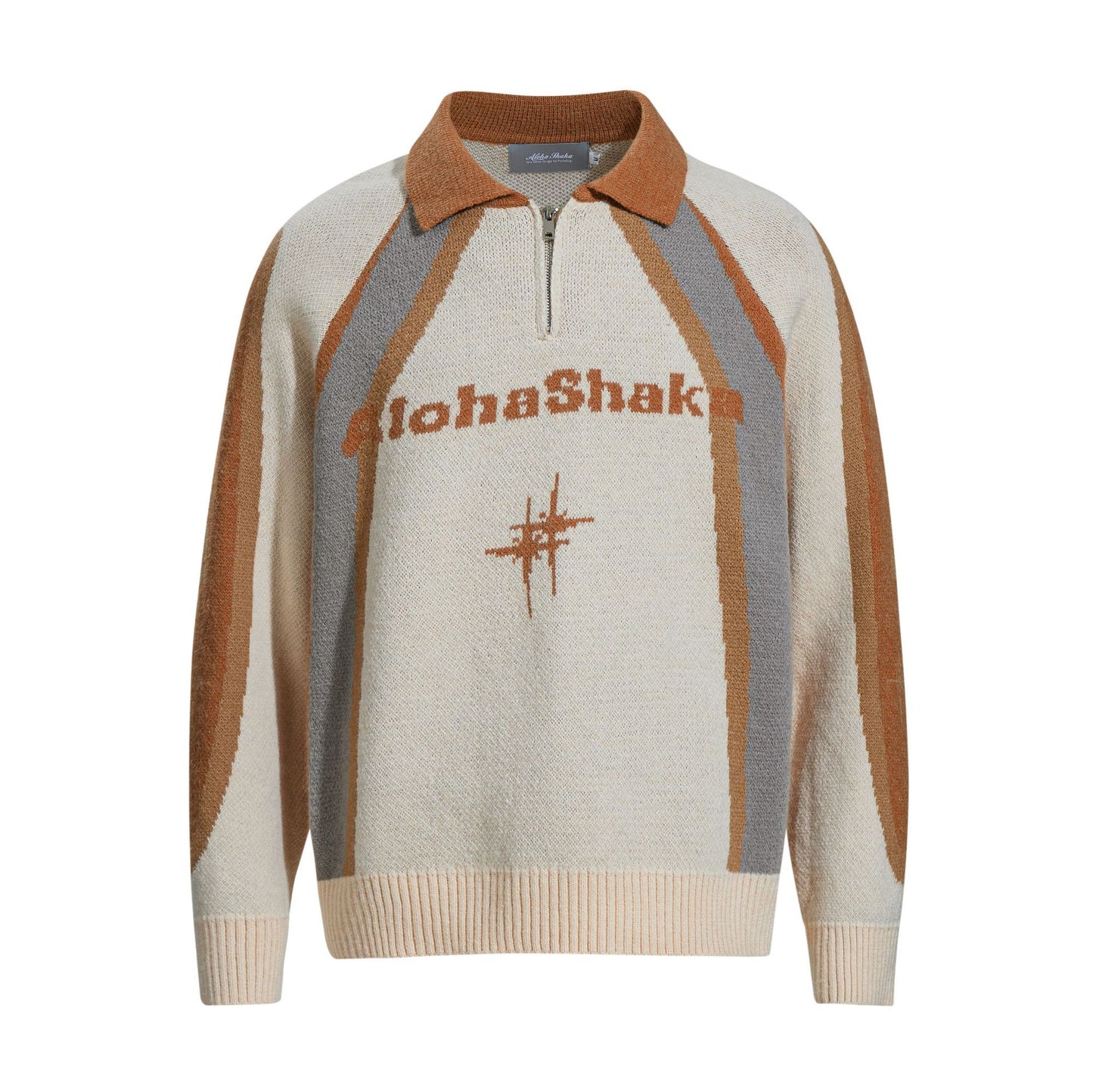 Letter Jacquard Design Loose Color-block Turn-down Collar Pullover Sweater