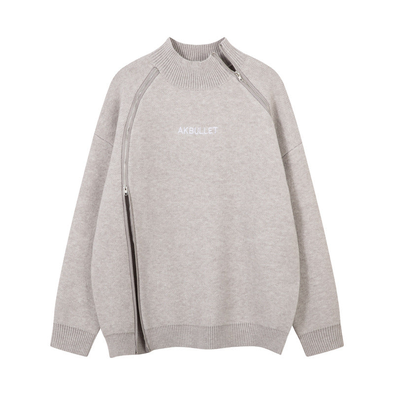 Original High Street Streetwear Cool Dual-Zipper Decorative Design Stand Collar Lazy Style Sweater