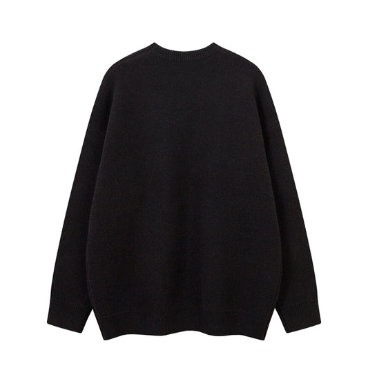 Street Style Embroidered Knit Sweater with Letter Applique, Crew Neck, Loose Fit, Unisex Sweater