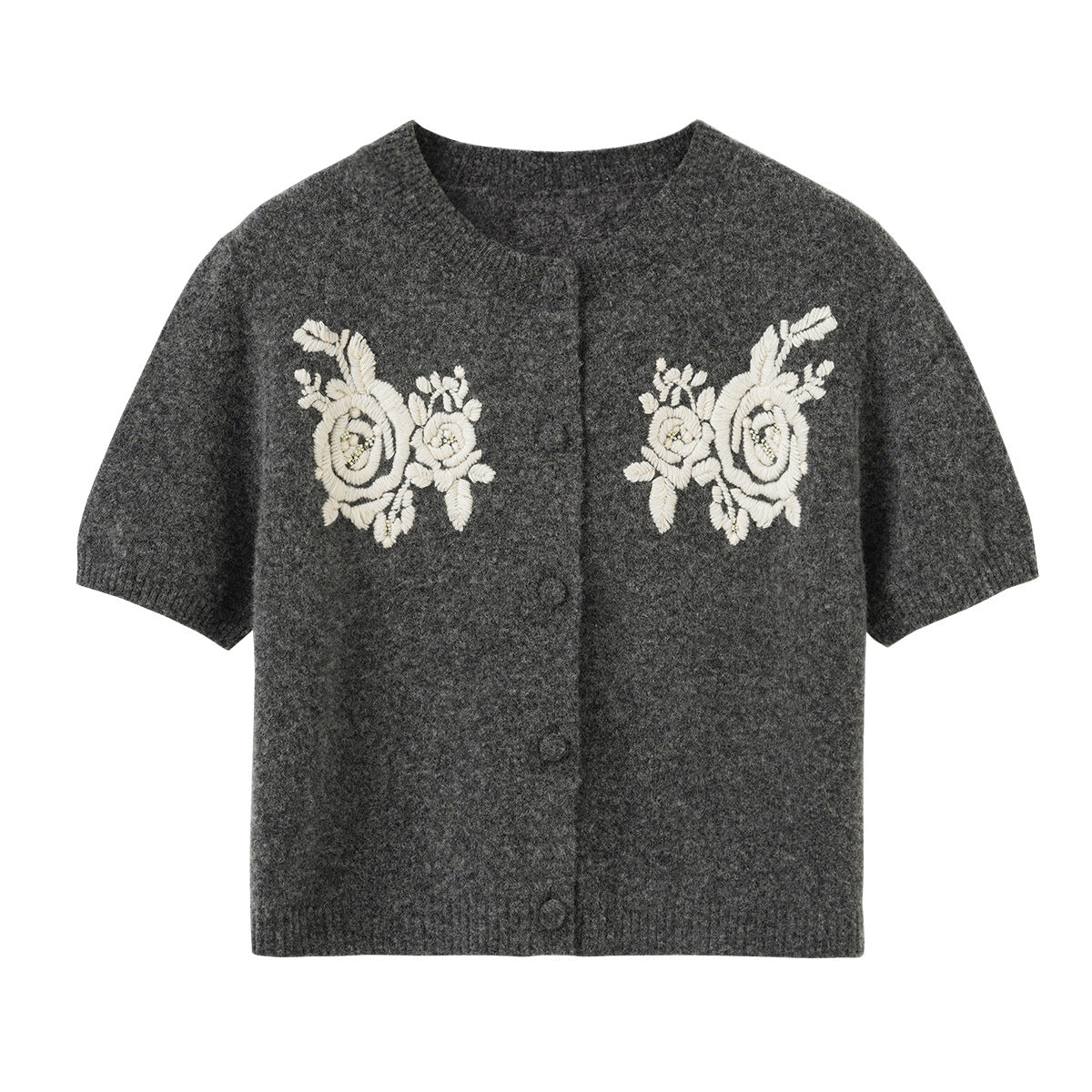 Soft Wool Short Sleeve Knit Cardigan Gray Round Neck Floral Embroidery Vintage Gentle Style Versatile Top