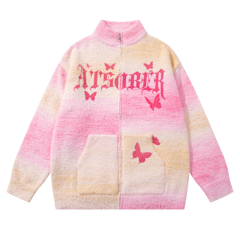 Original Trendy Brand Gradient Butterfly Letter Jacquard Knit Sweater Coat for Men and Women,Lazy Style Loose Couple Knitwear