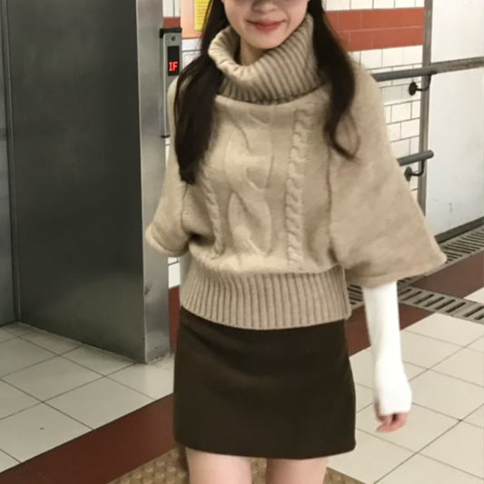 Fall Soft Knit Sweater with 3/4 Sleeves, Loose Fit, Casual Top, Vintage Khaki High Neck Pullover for Women