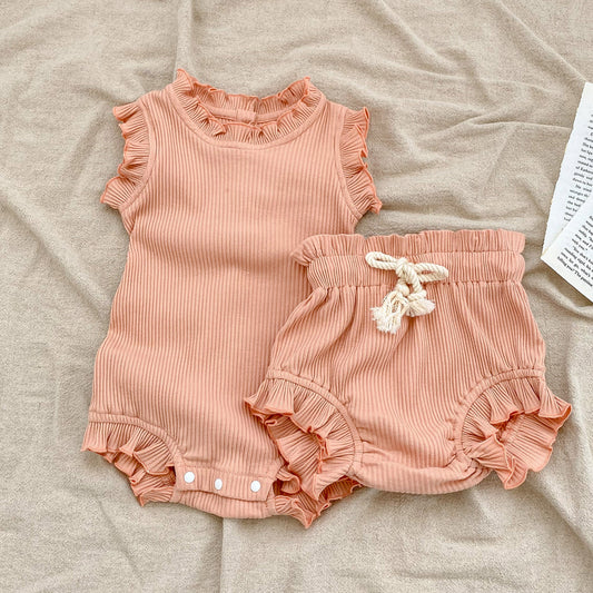 Baby Pit Thread Crawling Clothes Spring/Summer Wooden Ear Edge Girls' Harper+Drawstring Big PP Pants Set