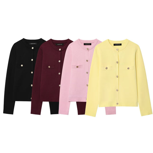 Round neck long sleeved single breasted four-color knitted sweater for women