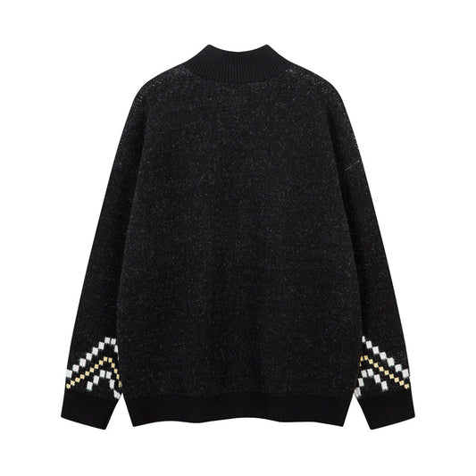 Color-Blocking Zipper Stand Collar Vintage Knit Sweater for Men and Women, High-Quality Lazy Style Thick Open Front Cardigan Outerwear