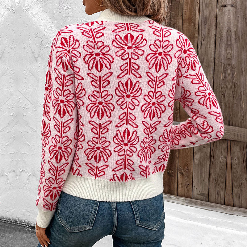 Half high collar flower jacquard knitted sweater with contrasting colors for women