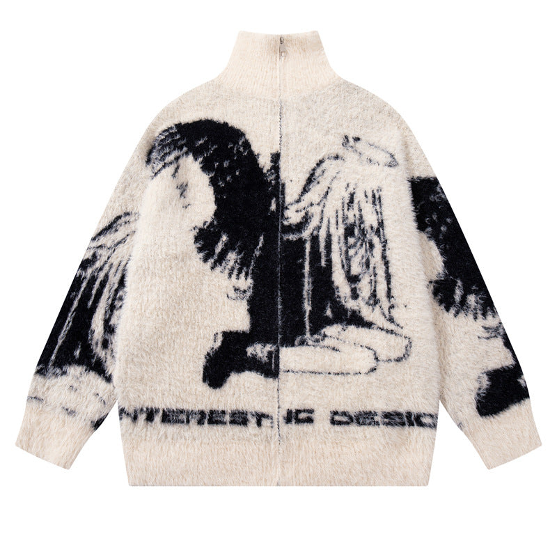 Streetwear Urban Style Angel Girl Floral Open Front Knit Sweater Loose Knit Cardigan Coat Autumn Winter Season