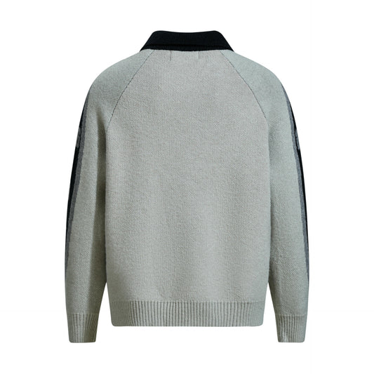 Letter Jacquard Design Loose Color-block Turn-down Collar Pullover Sweater