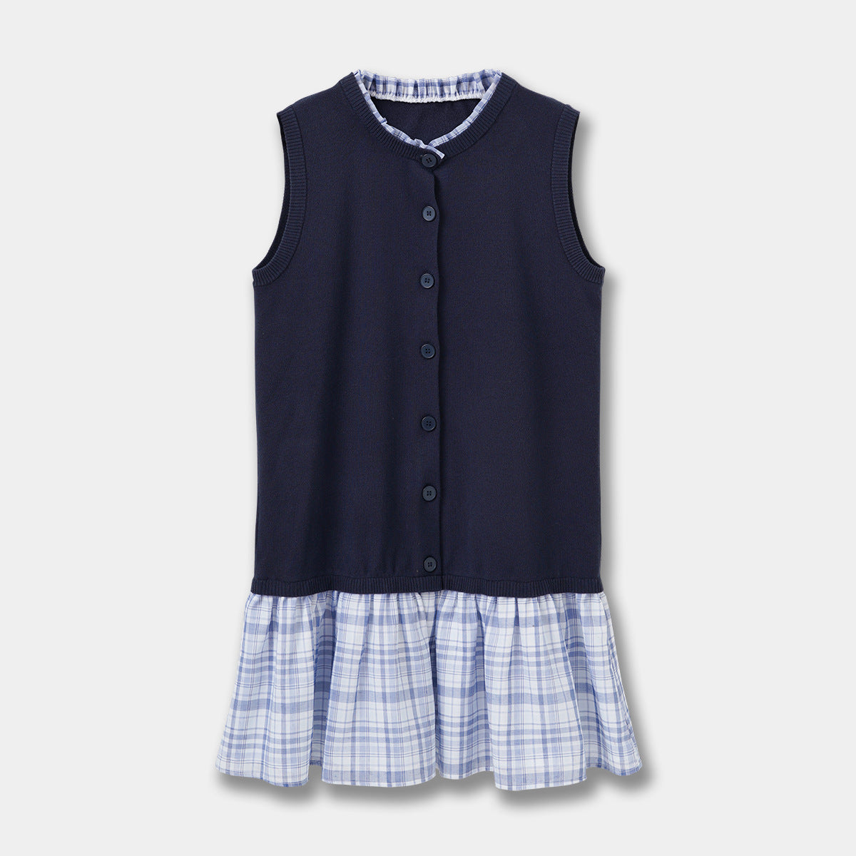 Color-blocked Knit Dress for Women, Plaid Hem, Ruffle Collar Sleeveless Midi Length Dress