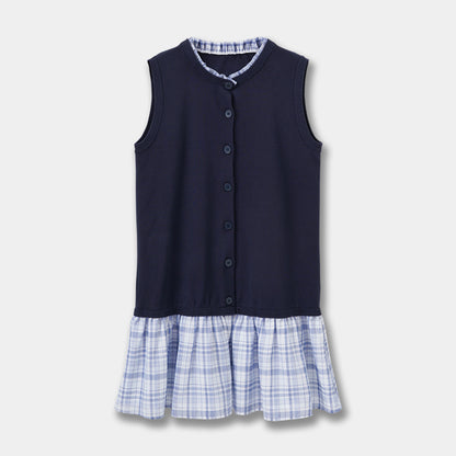 Color-blocked Knit Dress for Women, Plaid Hem, Ruffle Collar Sleeveless Midi Length Dress