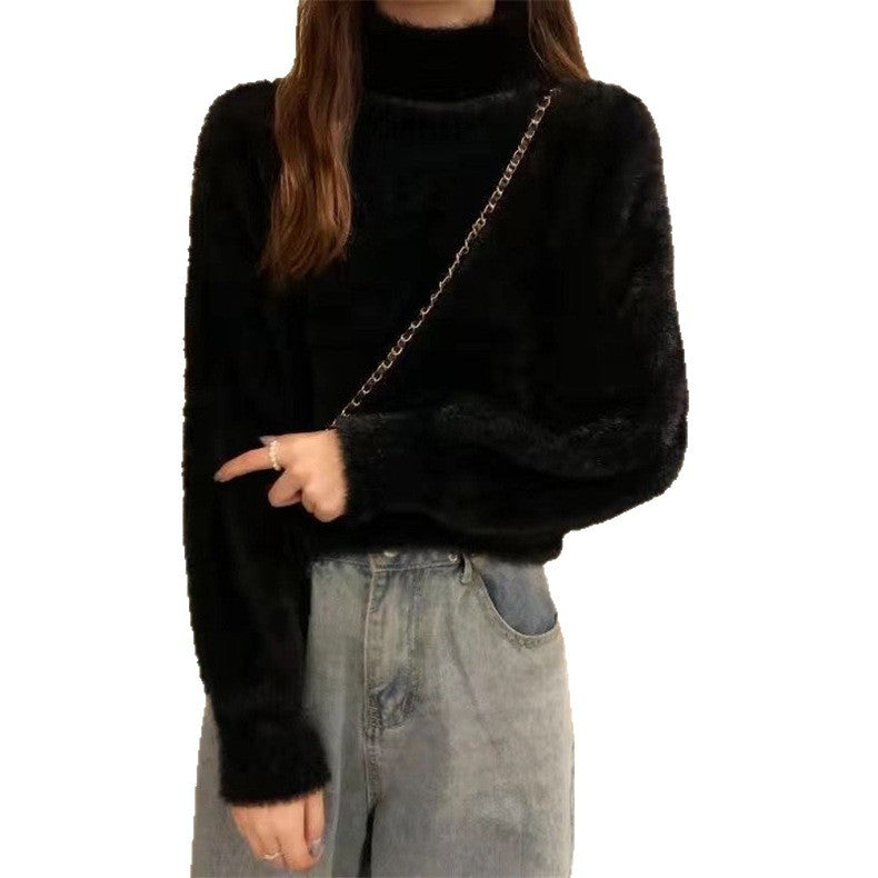 High-neck Mink Fur Knit Sweater for WomenLoose Oversized Crewneck Inner Layer Top Soft and Thick Knitted Pullover