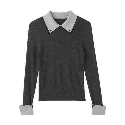 Chic Gray Knit Sweater Top with Layered Design, Fitted Long Sleeve , Unique Style Women's Top