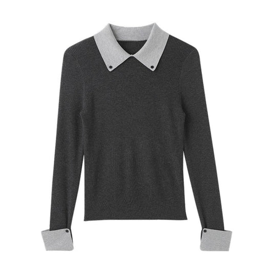 Chic Gray Knit Sweater Top with Layered Design, Fitted Long Sleeve , Unique Style Women's Top