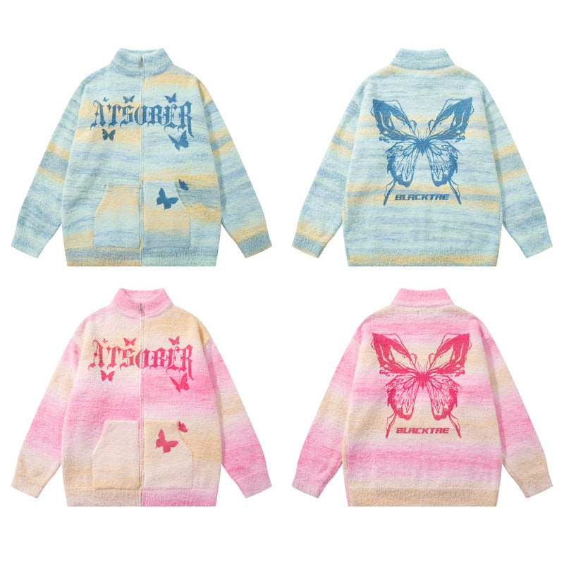 Original Trendy Brand Gradient Butterfly Letter Jacquard Knit Sweater Coat for Men and Women,Lazy Style Loose Couple Knitwear