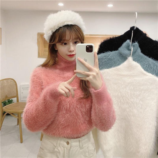 High-neck Mink Fur Knit Sweater for WomenLoose Oversized Crewneck Inner Layer Top Soft and Thick Knitted Pullover