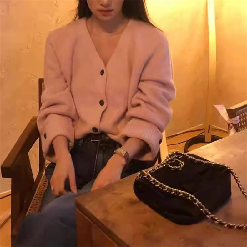 French V-neck Knit Sweater for Women Fashionable and Elegant Cardigan Long Sleeve Outerwear Top