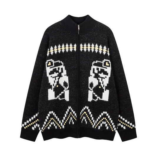 Color-Blocking Zipper Stand Collar Vintage Knit Sweater for Men and Women, High-Quality Lazy Style Thick Open Front Cardigan Outerwear