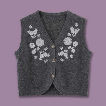 Lace Knit Vest with Floral Embroidery V-Neck Sleeveless Cardigan Slim Fit Knit Top
