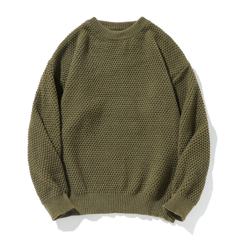 Pineapple Pattern Knit Sweater Men Round Neck Inner Layer Loose Fit Knitwear