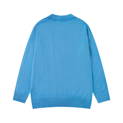 Colorful Cartoon Embroidery Polo Neck Sweater Unisex High Street Lazy Style Loose Couple Knitwear