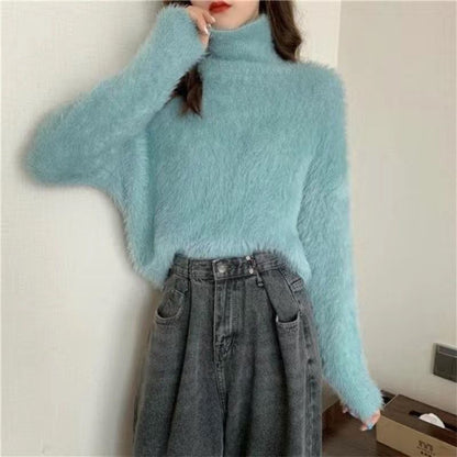 High-neck Mink Fur Knit Sweater for WomenLoose Oversized Crewneck Inner Layer Top Soft and Thick Knitted Pullover