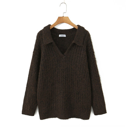 V-neck long sleeved loose casual knitted sweater