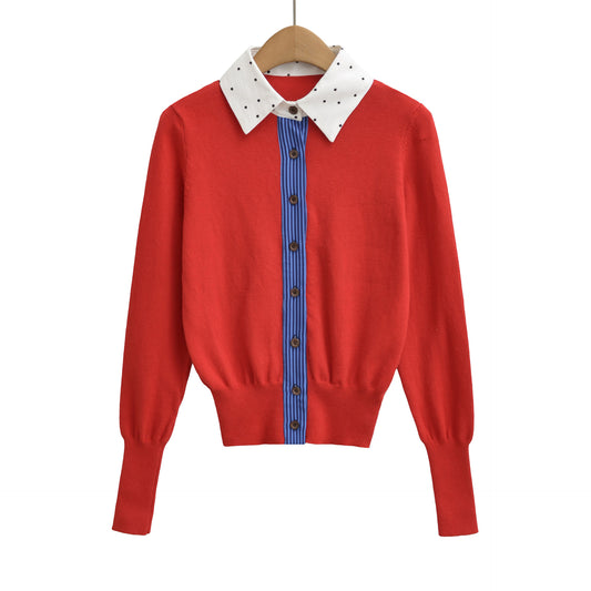 Retro slimming cardigan top fake two-piece patchwork embroidered knit sweater