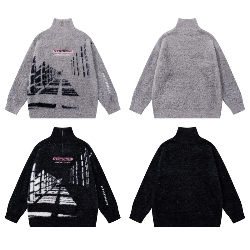 Style Retro Creative Pattern Jacquard Knit Sweater Unisex Trendy Cool Loose Half-Zip Top