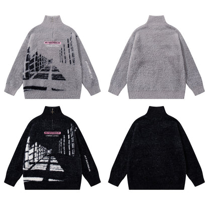 Style Retro Creative Pattern Jacquard Knit Sweater Unisex Trendy Cool Loose Half-Zip Top