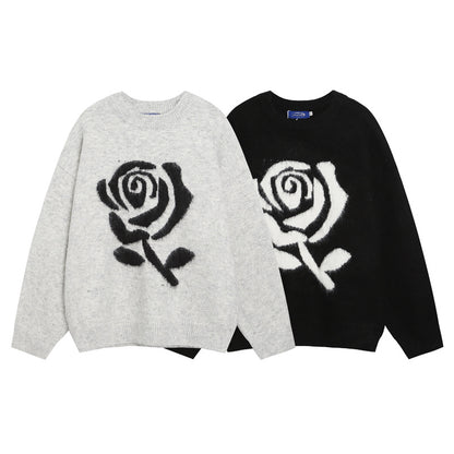 Big Size Elegant Rose Jacquard Knitwear for Men and Women, Loose Lazy Style Soft Gray Sweater