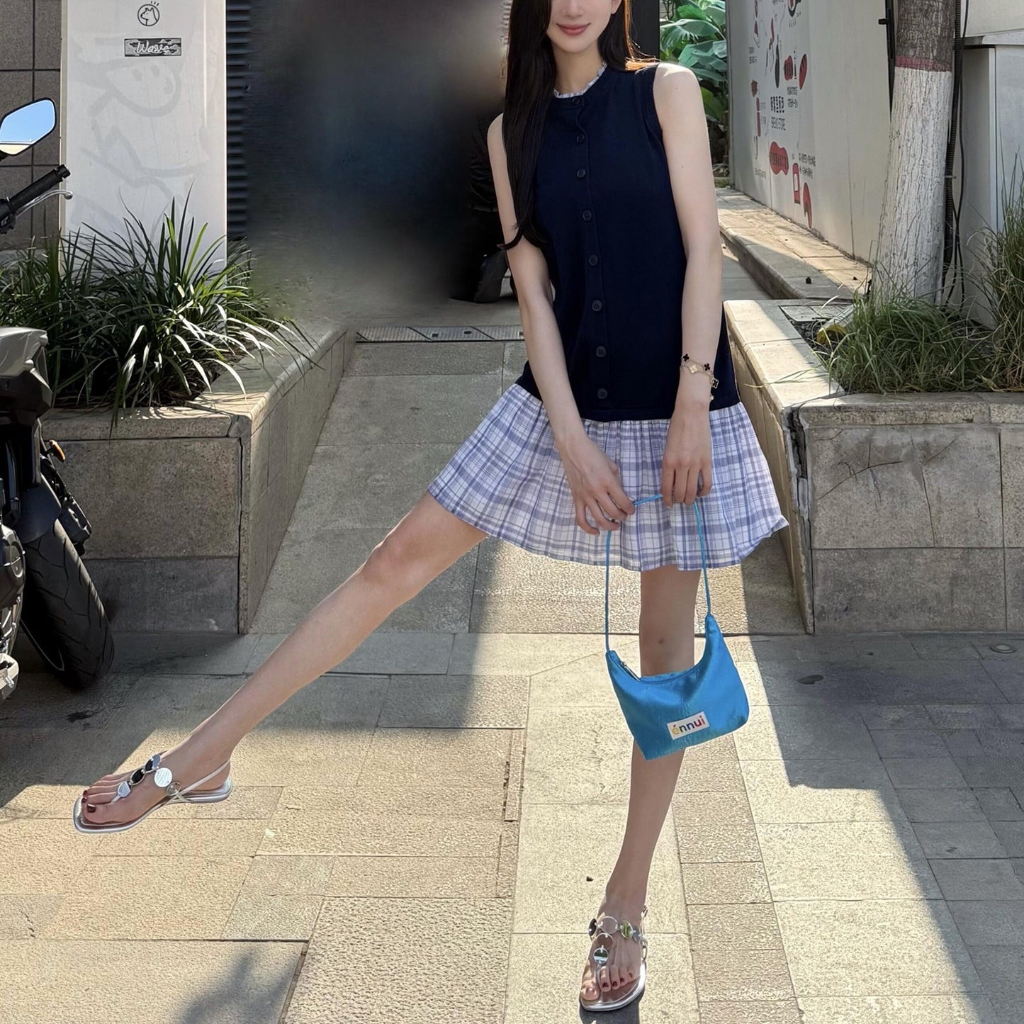 Color-blocked Knit Dress for Women, Plaid Hem, Ruffle Collar Sleeveless Midi Length Dress