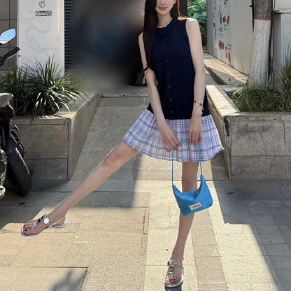 Color-blocked Knit Dress for Women, Plaid Hem, Ruffle Collar Sleeveless Midi Length Dress