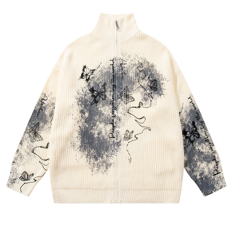 Original Trendy Brand Butterfly Splatter Graffiti Cardigan Sweater Street Style Edgy Cool Couple Knitwear Jacket