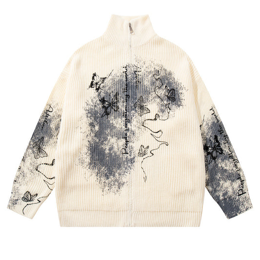 Original Trendy Brand Butterfly Splatter Graffiti Cardigan Sweater Street Style Edgy Cool Couple Knitwear Jacket