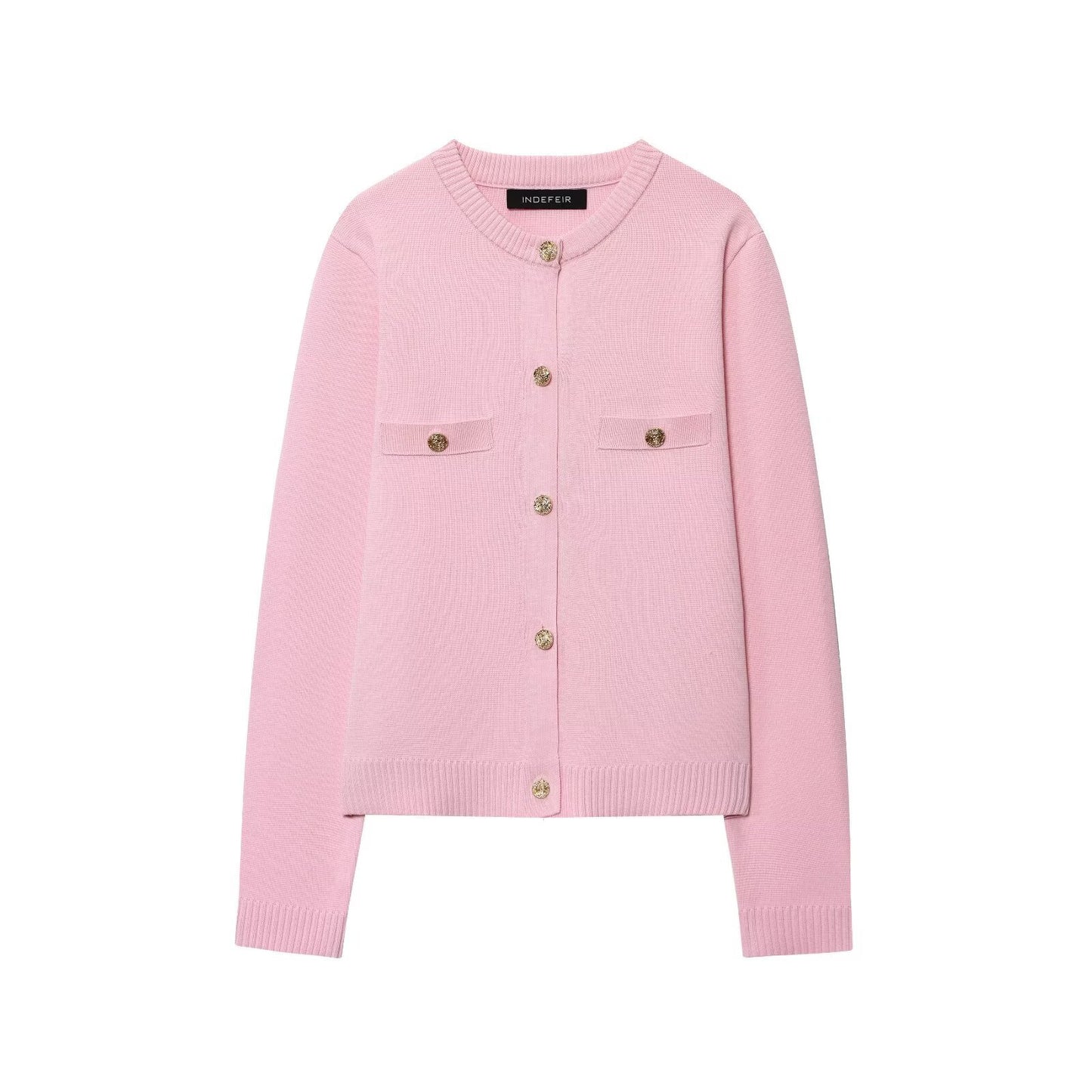 Round neck long sleeved single breasted four-color knitted sweater for women