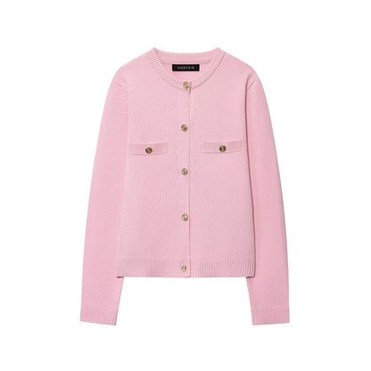 Round neck long sleeved single breasted four-color knitted sweater for women